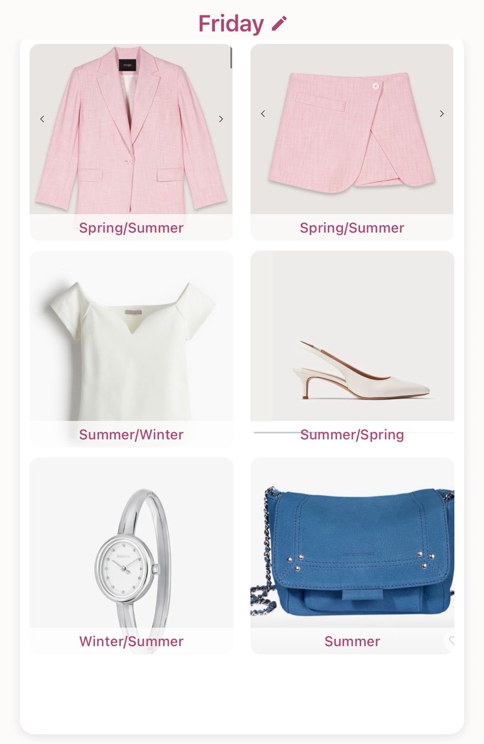 App showing outfit planning interface with seasonal color categorized items for Friday